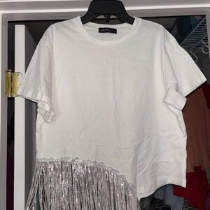 White T-Shirt with Silver Fringe